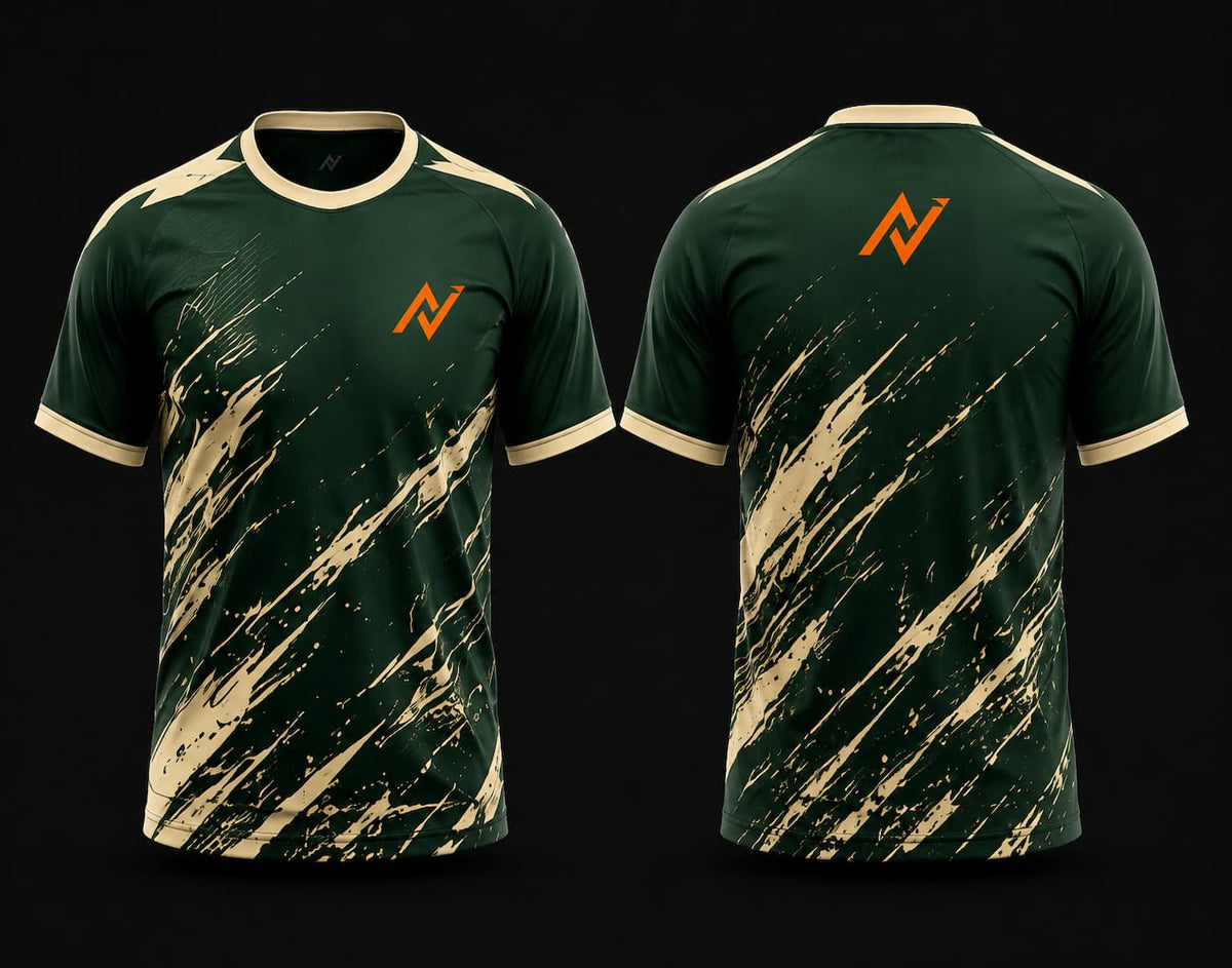 Front and back view of a forest green and beige round neck cricket jersey featuring an artistic paint splash design with orange chest and back logos.