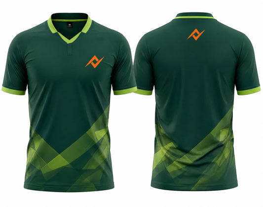 Front and back view of a forest green V-neck cricket jersey featuring lime green geometric graphics, an orange chest logo, and a matching logo below the back neckline.