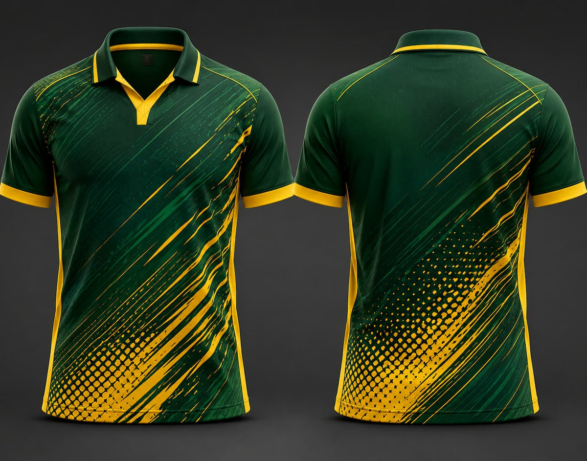 Forest green and gold V-neck polo cricket jersey front and back premium sublimation team uniform