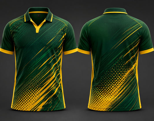 Forest green and gold V-neck polo cricket jersey front and back premium sublimation team uniform