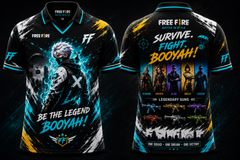 Black, cyan, white, and gold Free Fire inspired esports jersey featuring survivor artwork, legendary weapon graphics, V-neck polo collar, and gaming-themed front and back design.