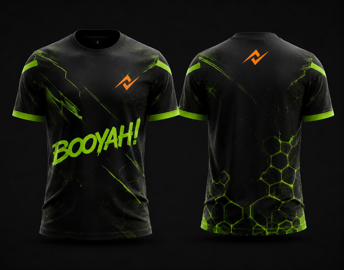 Front and back view of Free Fire Booyah X black and neon green round neck esports jersey featuring BOOYAH text graphics with side chest logo and lower back neck branding.
