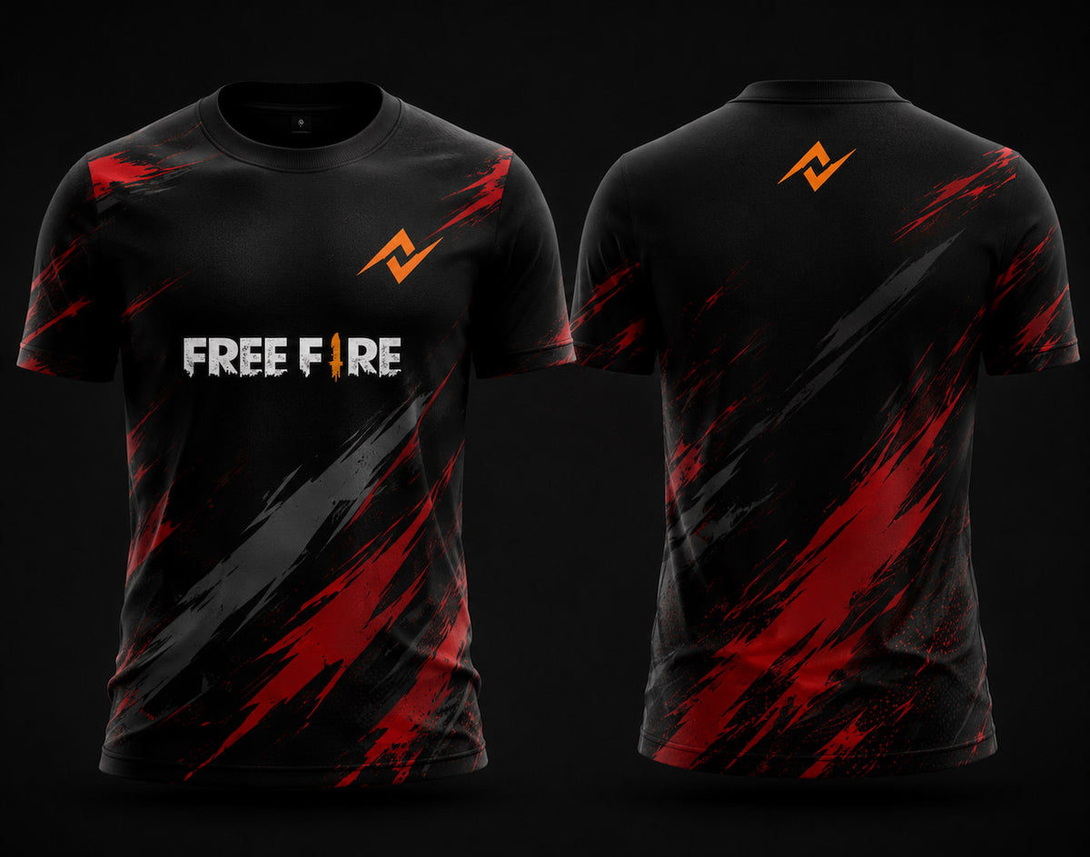 Front and back view of Free Fire Crimson Strike black and red round neck esports jersey featuring red brush-stroke graphics with side chest logo and lower back neck branding.