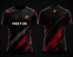 Front and back view of Free Fire Crimson Strike black and red round neck esports jersey featuring red brush-stroke graphics with side chest logo and lower back neck branding.