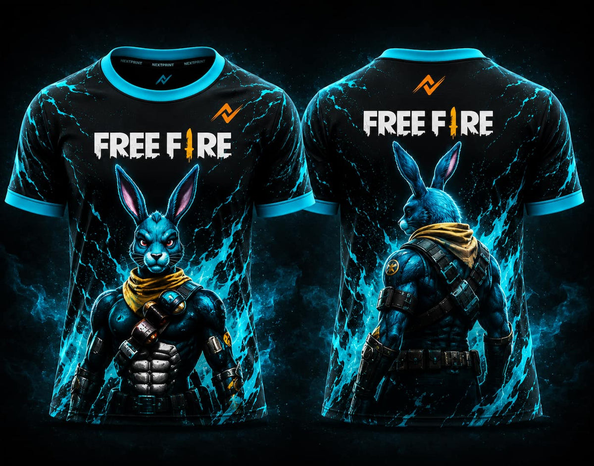 Front and back view of Free Fire Cyber Bunny Warrior esports jersey featuring a futuristic blue rabbit soldier design with glowing energy effects and NextPrint logo placement.