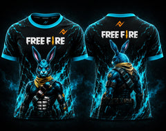 Front and back view of Free Fire Cyber Bunny Warrior esports jersey featuring a futuristic blue rabbit soldier design with glowing energy effects and NextPrint logo placement.