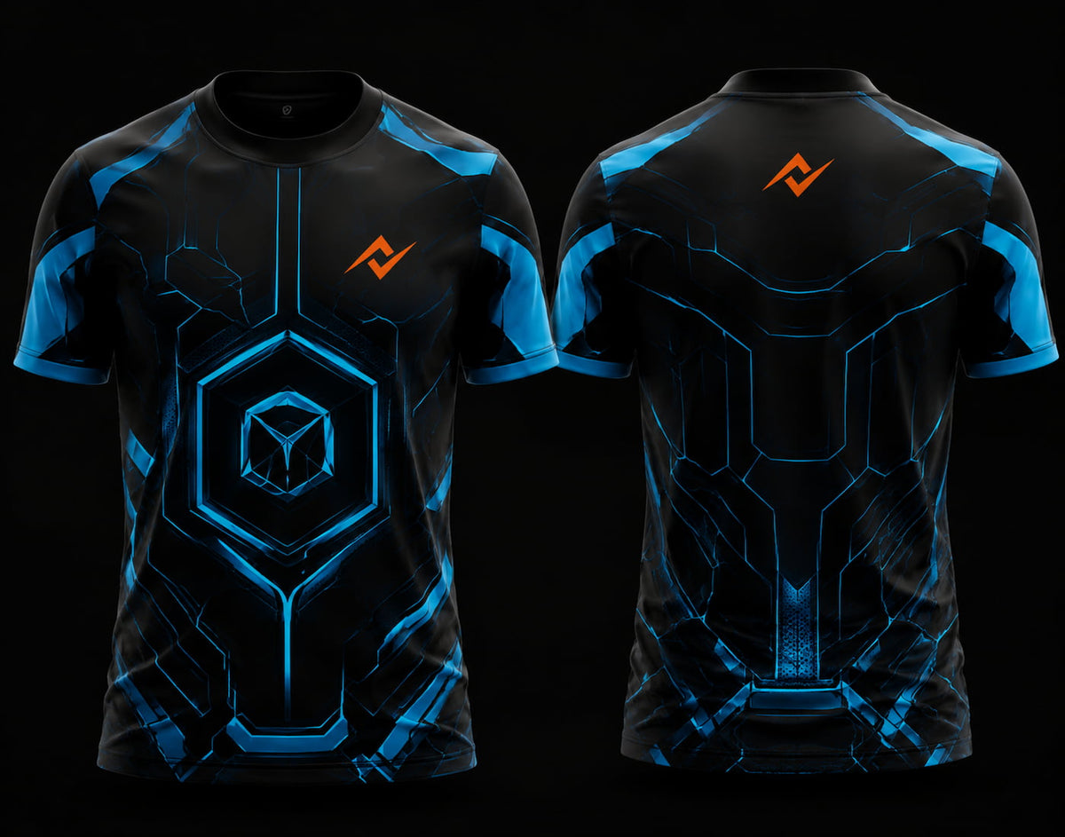 Front and back view of Free Fire Cyber Core black and blue round neck esports jersey featuring futuristic cyber armor graphics with side chest logo and lower back neck branding.