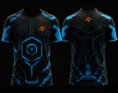 Front and back view of Free Fire Cyber Core black and blue round neck esports jersey featuring futuristic cyber armor graphics with side chest logo and lower back neck branding.