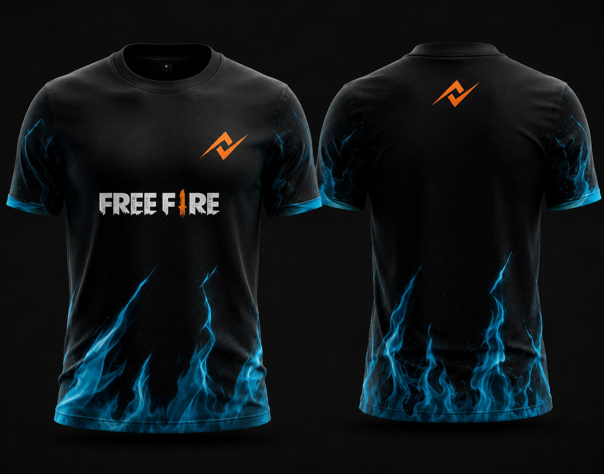 Front and back view of Free Fire Frost Blaze black and blue round neck esports jersey featuring blue flame graphics with side chest logo and lower back neck branding.