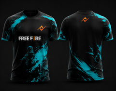 Front and back view of Free Fire Frost Warrior black and cyan round neck esports jersey featuring tactical soldier artwork with side chest logo and lower back neck branding.