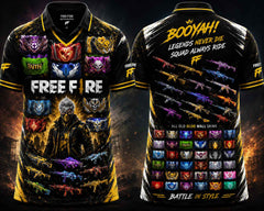 Black and gold Free Fire inspired esports jersey featuring collectible gloo wall graphics, weapon skin artwork, V-neck polo collar, and gaming-themed front and back design.
