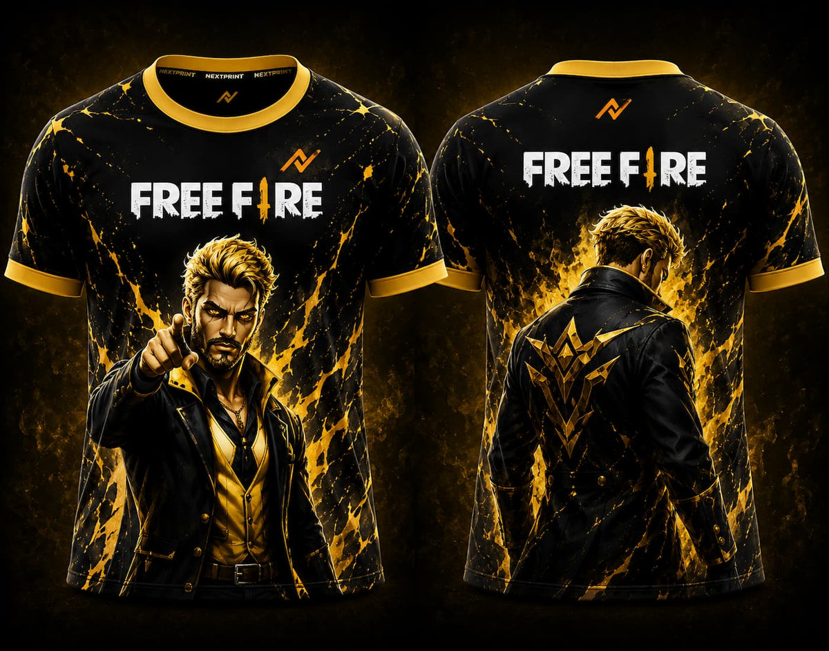 Front and back view of Free Fire Golden Commander character round neck esports jersey featuring a premium black and gold design with NextPrint logo placement on the chest and back neck.