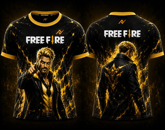 Front and back view of Free Fire Golden Commander character round neck esports jersey featuring a premium black and gold design with NextPrint logo placement on the chest and back neck.