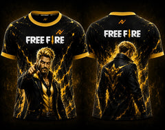 Front and back view of Free Fire Golden Commander character round neck esports jersey featuring a premium black and gold design with NextPrint logo placement on the chest and back neck.