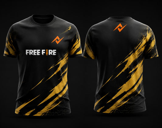 Front and back view of Free Fire Golden Strike black and gold round neck esports jersey with side chest logo and back neck branding.