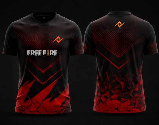 Front and back view of Free Fire Inferno Vortex black and red round neck esports jersey featuring red V-shaped graphics with side chest logo and lower back neck branding.