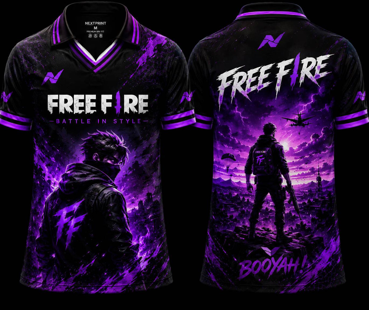 Front and back view of Free Fire Phantom Storm premium V-neck polo jersey featuring neon purple lightning effects, battle royale artwork, and Nextprint logos.