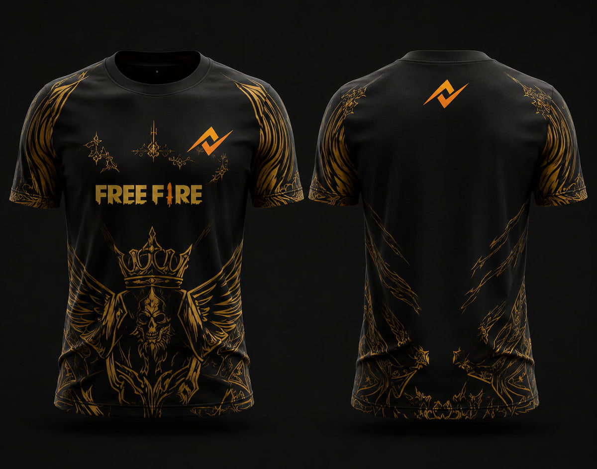 Front and back view of Free Fire Royal Skull black and gold round neck esports jersey featuring crowned skull artwork with side chest logo and lower back neck branding.
