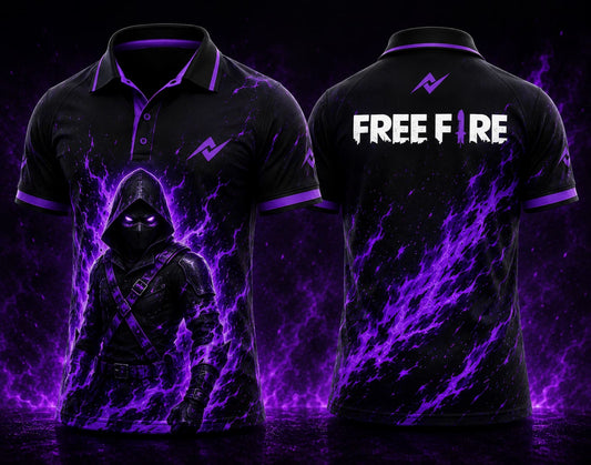Front and back view of Free Fire Shadow Reaper black and purple polo collar esports jersey featuring chest logo and back neck logo placement.