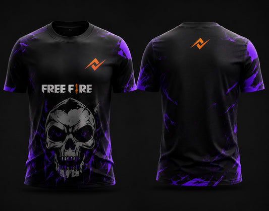 Front and back view of Free Fire Shadow Skull black and purple round neck esports jersey featuring skull artwork with side chest logo and lower back neck branding.