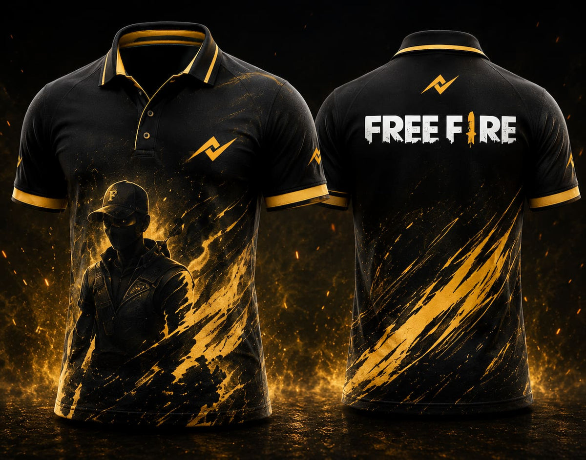 Front and back view of Free Fire Shadow Strike black and gold polo collar esports jersey with side chest logo and back neck logo.