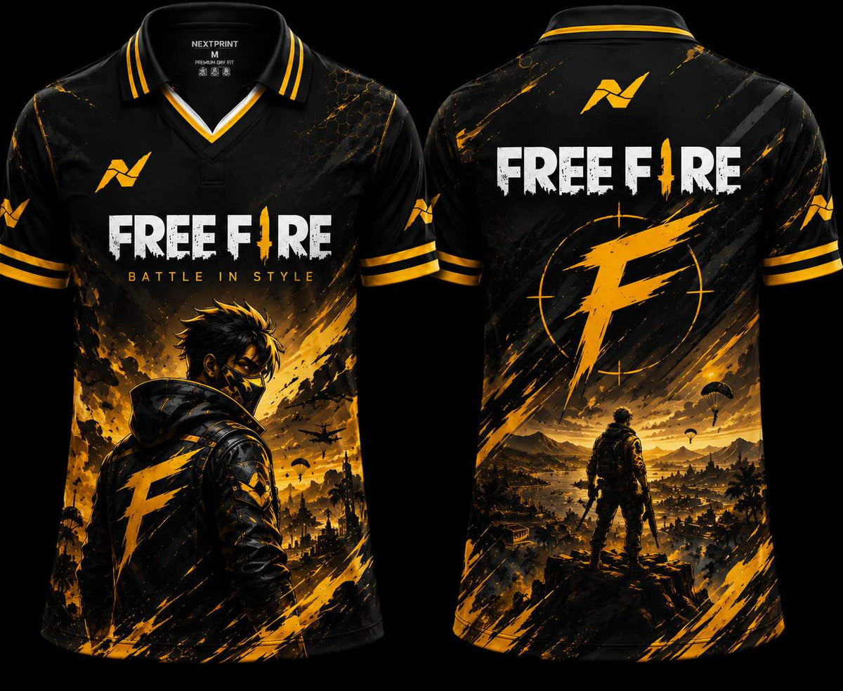 Front and back view of Free Fire Shadow Strike premium V-neck polo jersey featuring black and gold battle royale artwork with tactical character design and Nextprint logos.