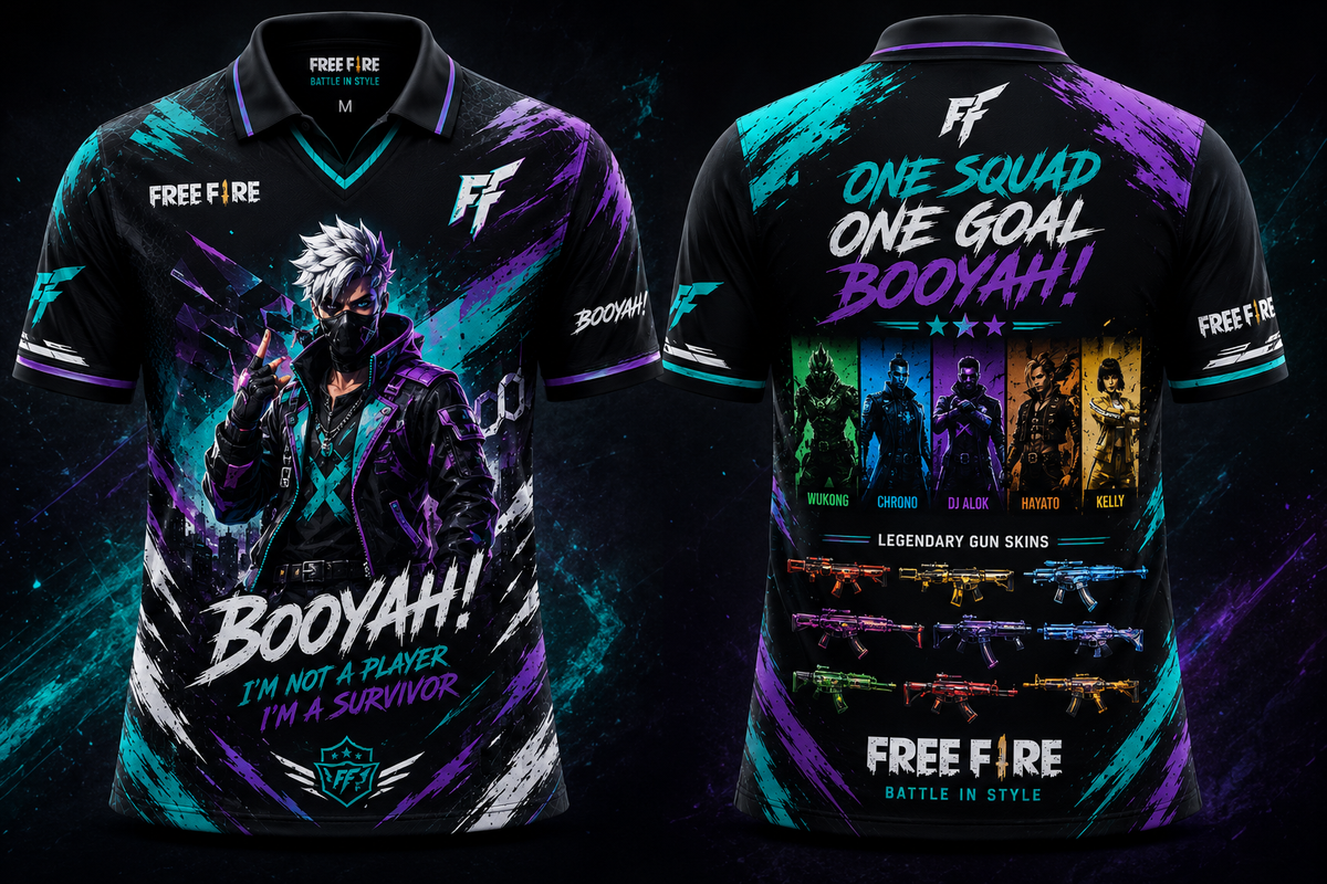 Black, cyan, and purple Free Fire inspired esports jersey featuring survivor artwork, futuristic graphics, V-neck polo collar, and gaming-themed front and back design.