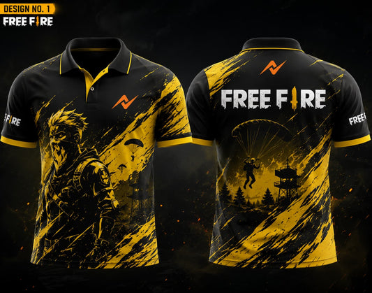 Free Fire Theme Polo Collar Esports Jersey Design No.1 Front and Back View in Black and Yellow Color with Custom Gaming Logo Placement