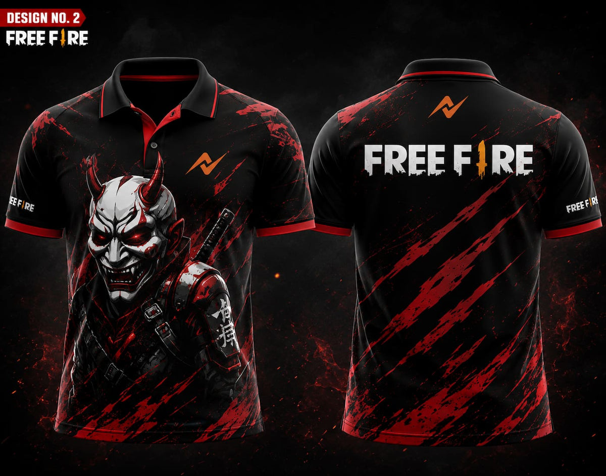 Front and back view of Free Fire Theme Polo Collar Esports Jersey Design No.2 featuring a red and black demon mask gaming design with premium sublimation print.