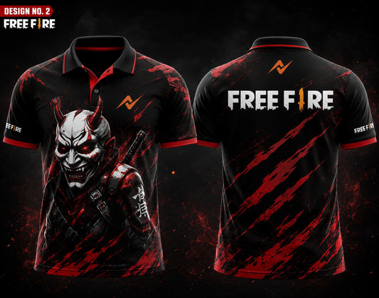 Front and back view of Free Fire Theme Polo Collar Esports Jersey Design No.2 featuring a red and black demon mask gaming design with premium sublimation print.