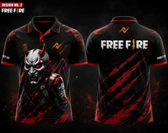 Front and back view of Free Fire Theme Polo Collar Esports Jersey Design No.2 featuring a red and black demon mask gaming design with premium sublimation print.