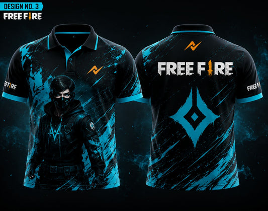 Front and back view of Free Fire Theme Polo Collar Esports Jersey Design No.3 featuring a futuristic black and cyan gaming design with premium sublimation print.