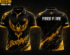 Front and back view of Free Fire Theme Polo Collar Esports Jersey Design No.5 featuring a black and gold Booyah Phoenix gaming design with premium sublimation printing.