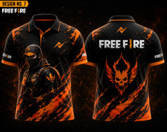 Front and back view of Free Fire Theme Polo Collar Esports Jersey Design No.7 featuring a black and orange Inferno Soldier gaming design with premium sublimation printing.