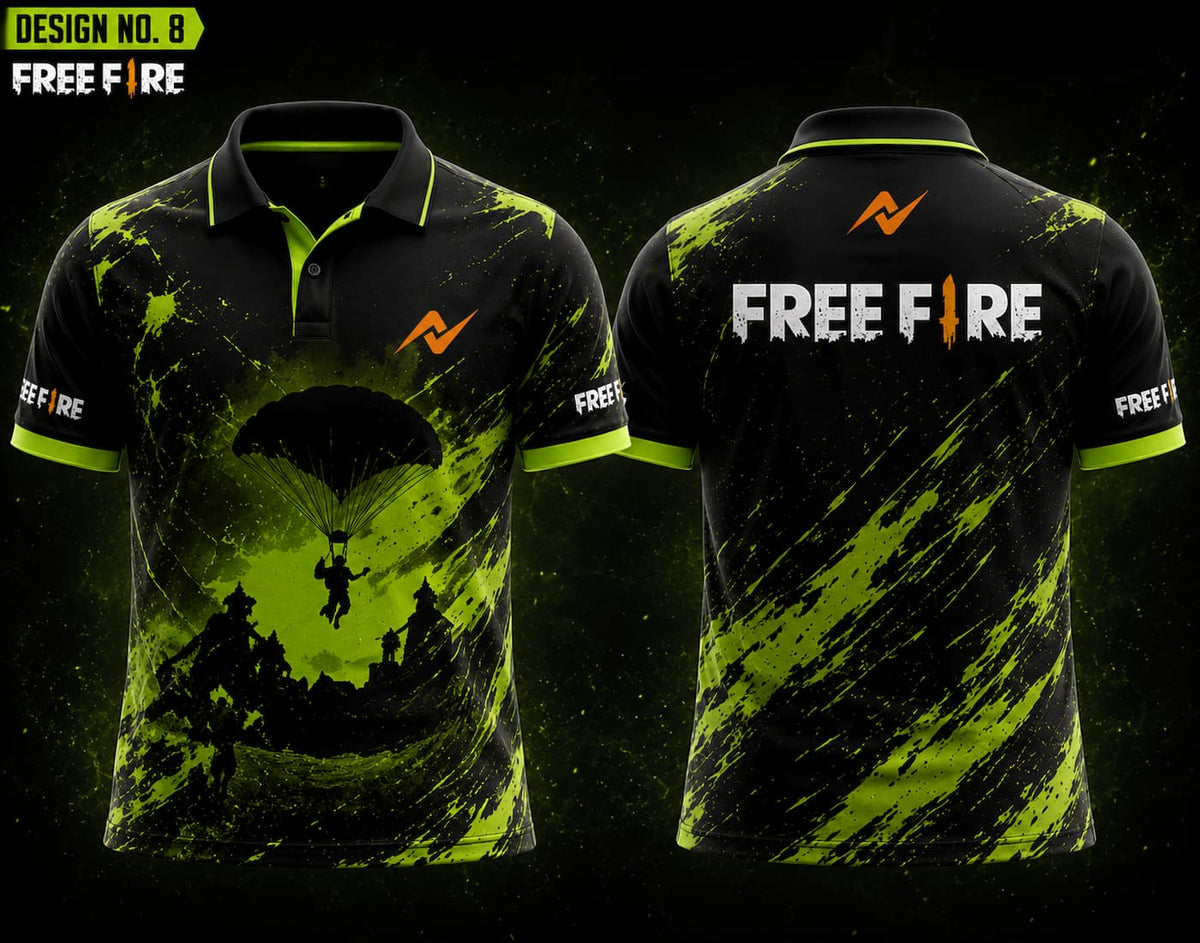 Front and back view of Free Fire Theme Polo Collar Esports Jersey Design No.8 featuring a black and neon green Battle Drop gaming design with premium sublimation printing.