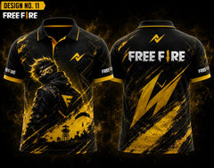 Front and back view of Free Fire Theme Polo Collar Esports Jersey Design No.11 featuring a black and gold Thunder Phantom gaming design with premium sublimation printing.