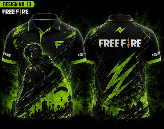 Front and back view of Free Fire Theme Polo Collar Esports Jersey Design No.13 featuring a black and neon green Toxic Storm gaming design with premium sublimation printing.