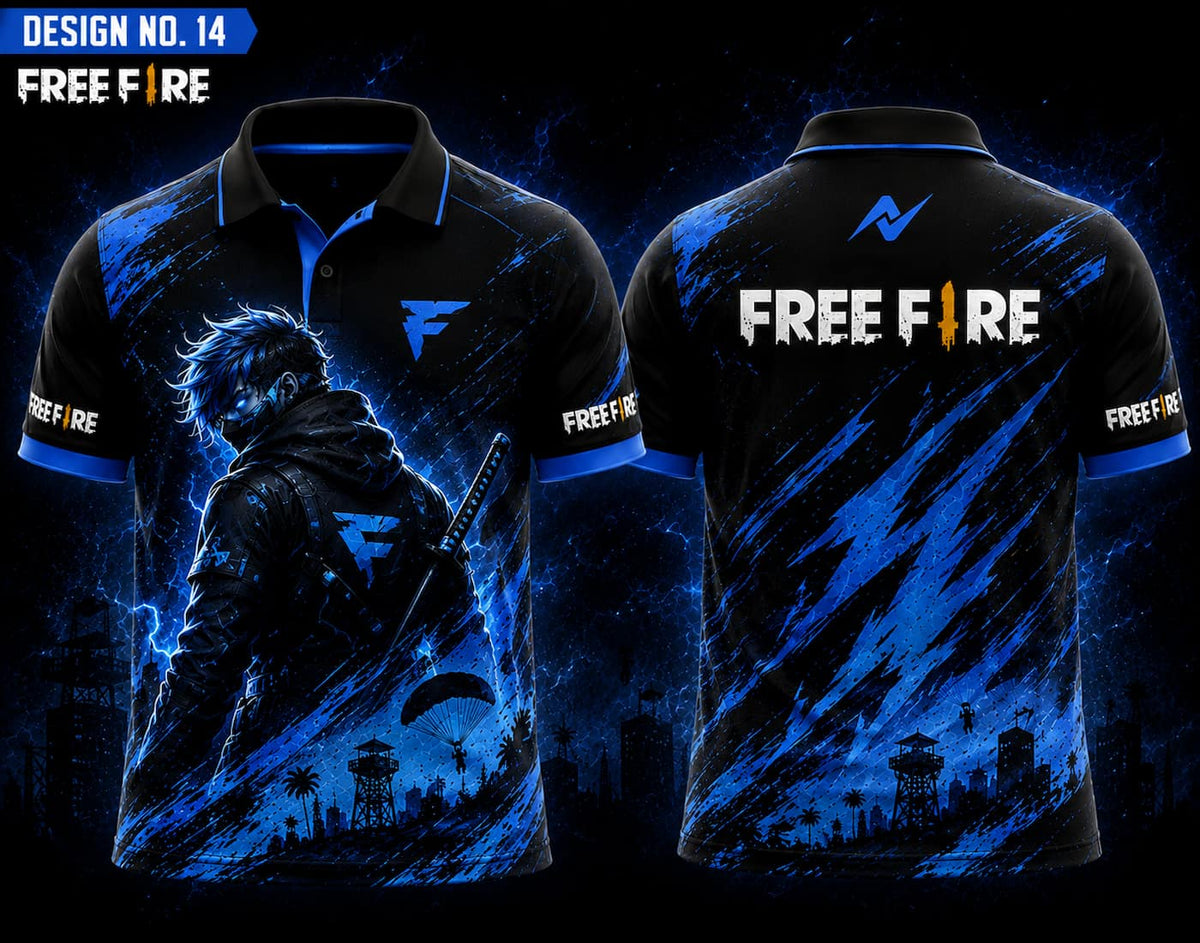 Front and back view of Free Fire Theme Polo Collar Esports Jersey Design No.14 featuring a black and electric blue Blue Thunder gaming design with premium sublimation printing.