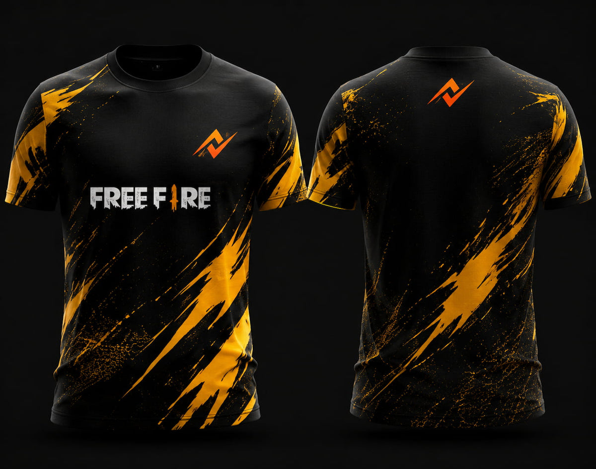 Front and back view of Free Fire Thunder Strike black and yellow round neck esports jersey featuring lightning-inspired graphics with side chest logo and lower back neck branding.