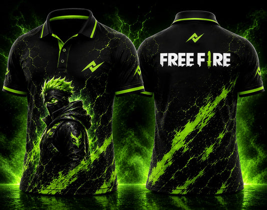 Front and back view of Free Fire Toxic Shadow Green polo collar esports jersey featuring neon green graphics with logo on chest and below back neck.