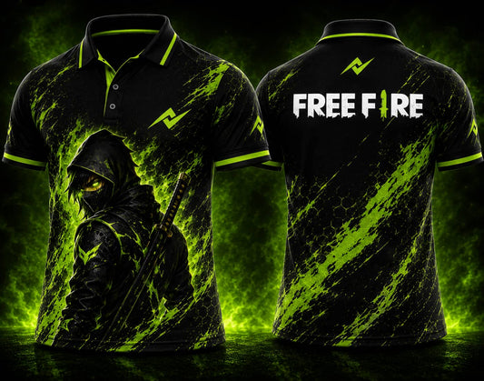 Front and back view of Free Fire Toxic Shadow black and neon green polo collar esports jersey with front chest logo and back neck logo placement.