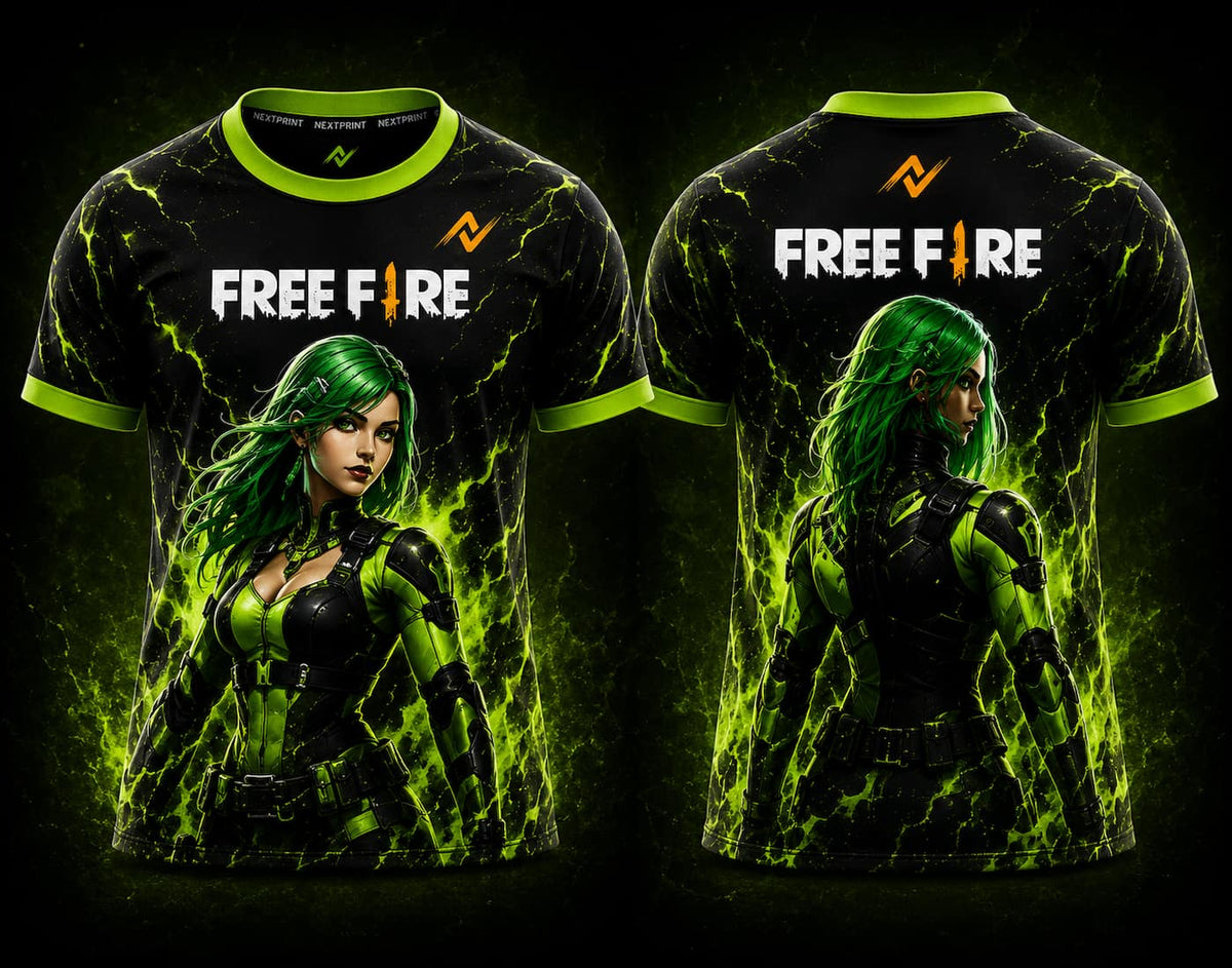 Front and back view of Free Fire Toxic Viper Queen esports jersey featuring a futuristic green-haired female warrior with neon green energy effects and NextPrint logo placement.
