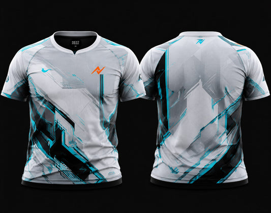 Front and back view of Frost Vector premium esports jersey featuring white, cyan, and black futuristic graphics with a round neck collar and professional gaming apparel styling.