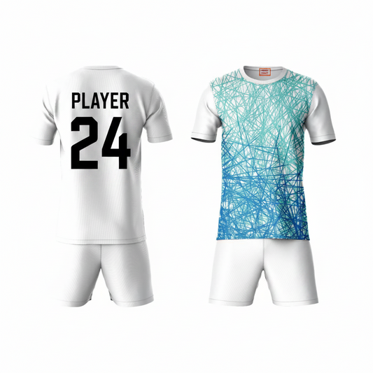Geometric blue pattern activewear t-shirt with white shorts back view