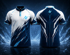 Front and back view of a white and navy blue Chinese collar esports jersey featuring ice-inspired graphics, futuristic back panel design, and premium sublimation printing.