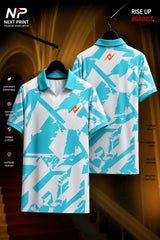 White polo sports jersey with aqua blue abstract brushstroke graphics shown in front and back views, made from premium dry-fit performance fabric.