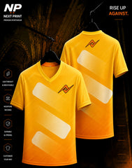 Golden Blaze yellow and orange geometric sublimation V-neck sports jersey by Next Print with front and back view