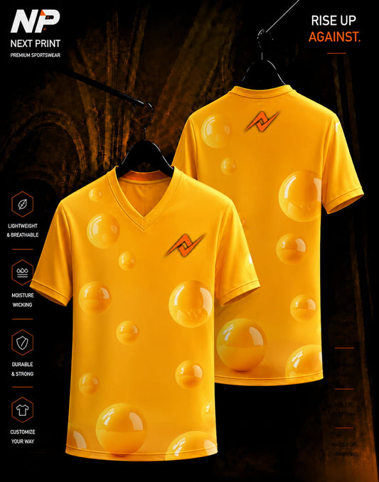 Golden yellow bubble design sublimation V-neck sports jersey front and back mockup by Next Print