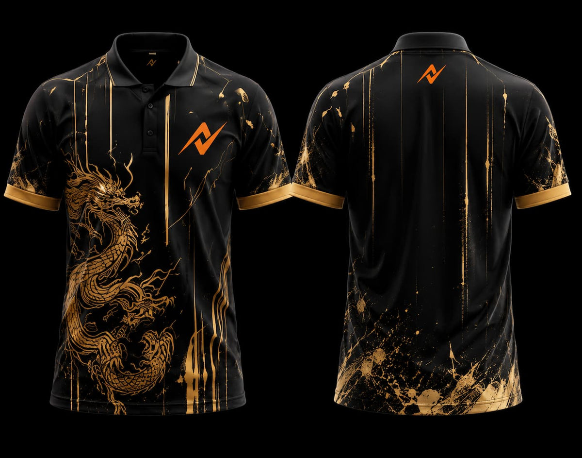 Front and back view of a black and gold Golden Dragon K-Pop jersey featuring an elegant dragon illustration with chest logo and back neck logo