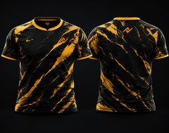Front and back view of Golden Fury premium esports jersey featuring black and gold graphics, round neck collar, and professional gaming apparel styling.